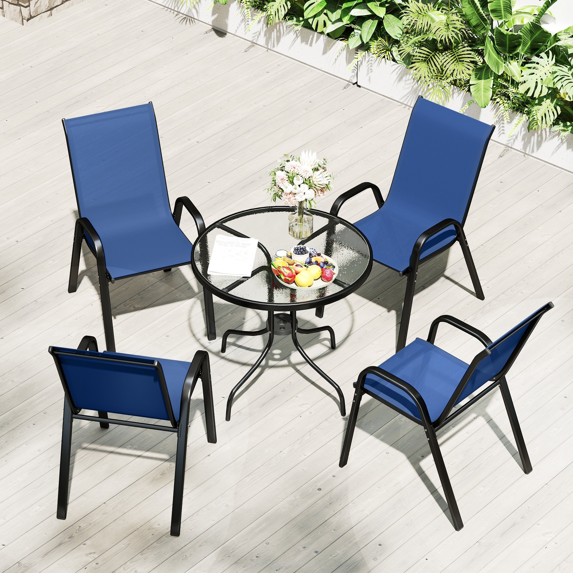 Outsunny Five-Piece Steel Patio Set, with Glass-Top Table - Dark Blue