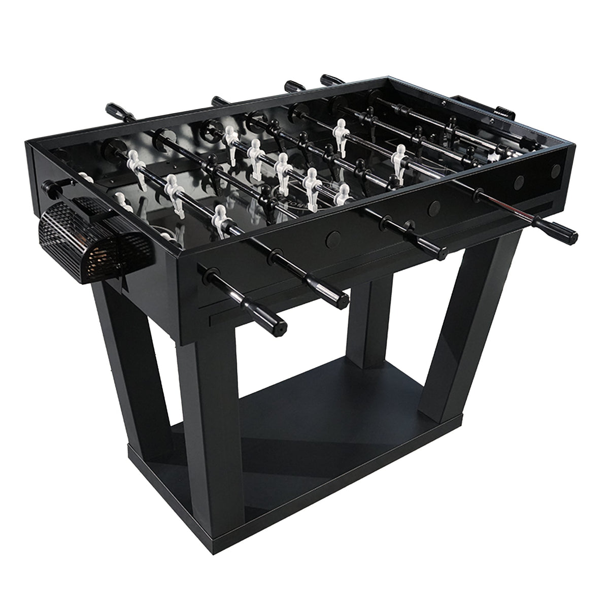 Black foosball table with glossy finish, white player figures, and black handles perfect for game rooms