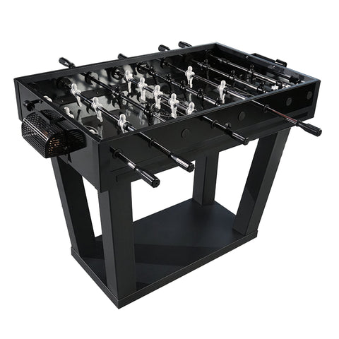 Black foosball table with glossy finish, white player figures, and black handles perfect for game rooms