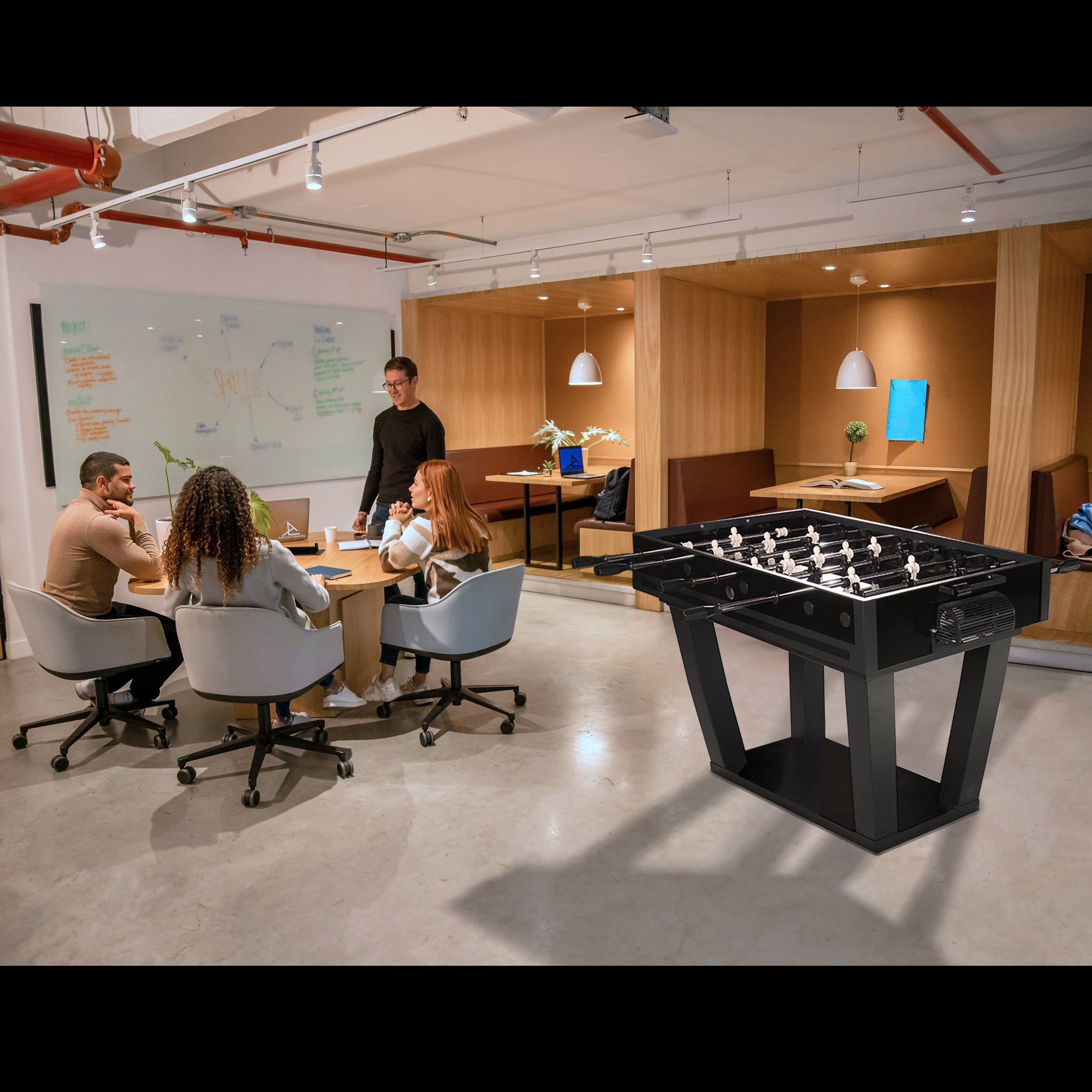 Black foosball table with white player figures featuring a sleek modern design for fun indoor play