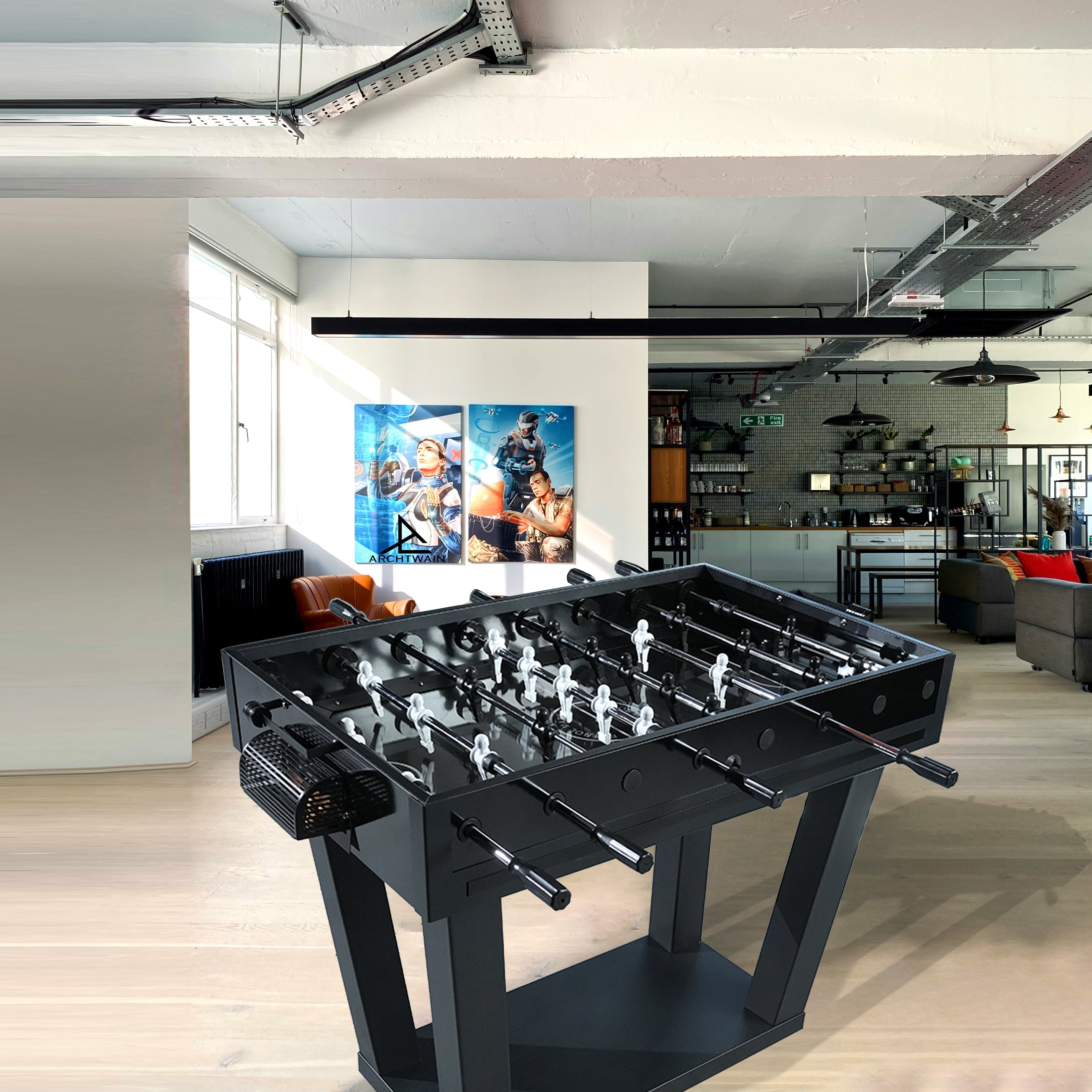 Black foosball table with white player figures and chrome rods perfect for indoor game rooms and parties