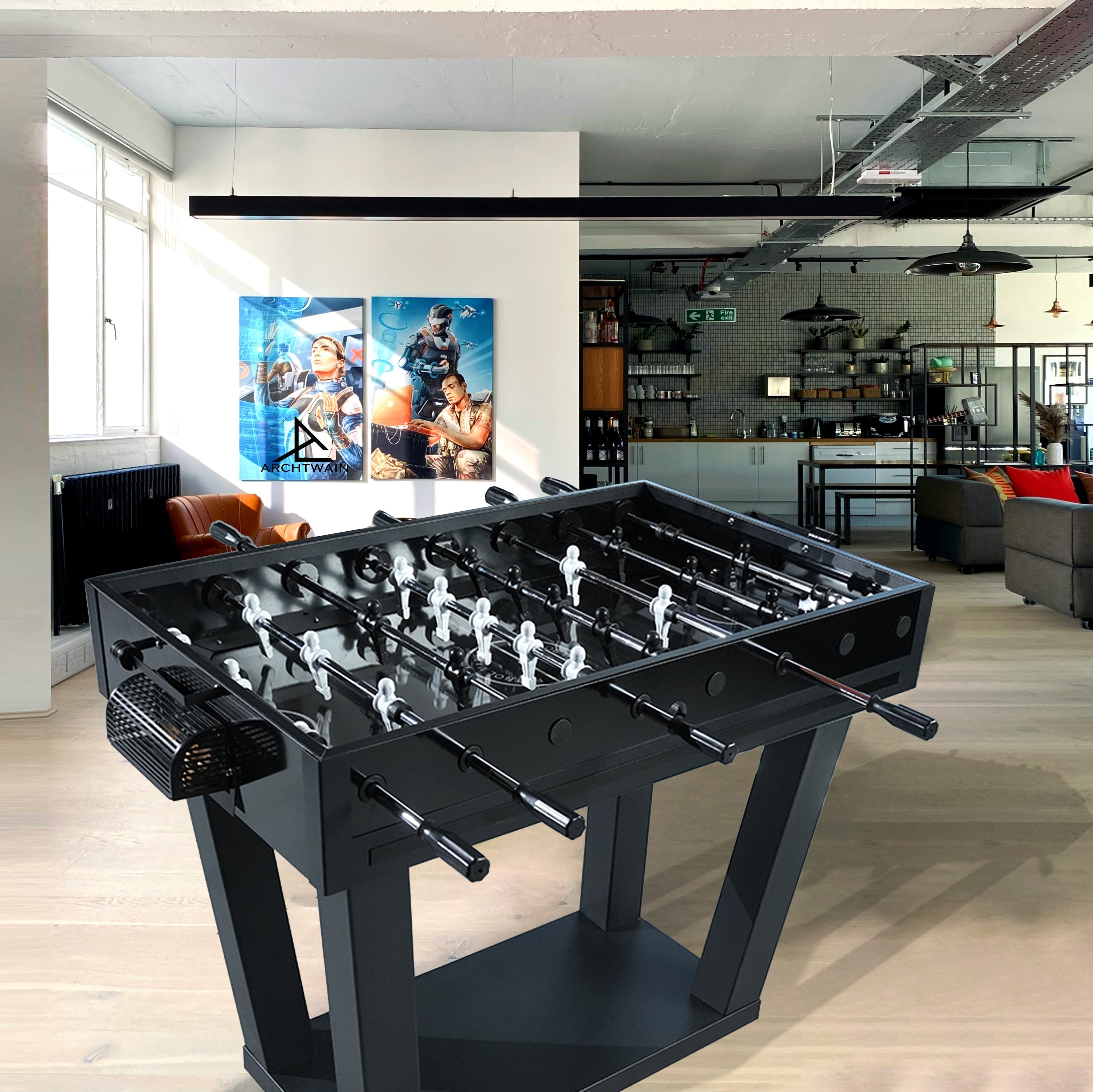 Black foosball table with white player figures and sleek modern design perfect for game rooms and offices
