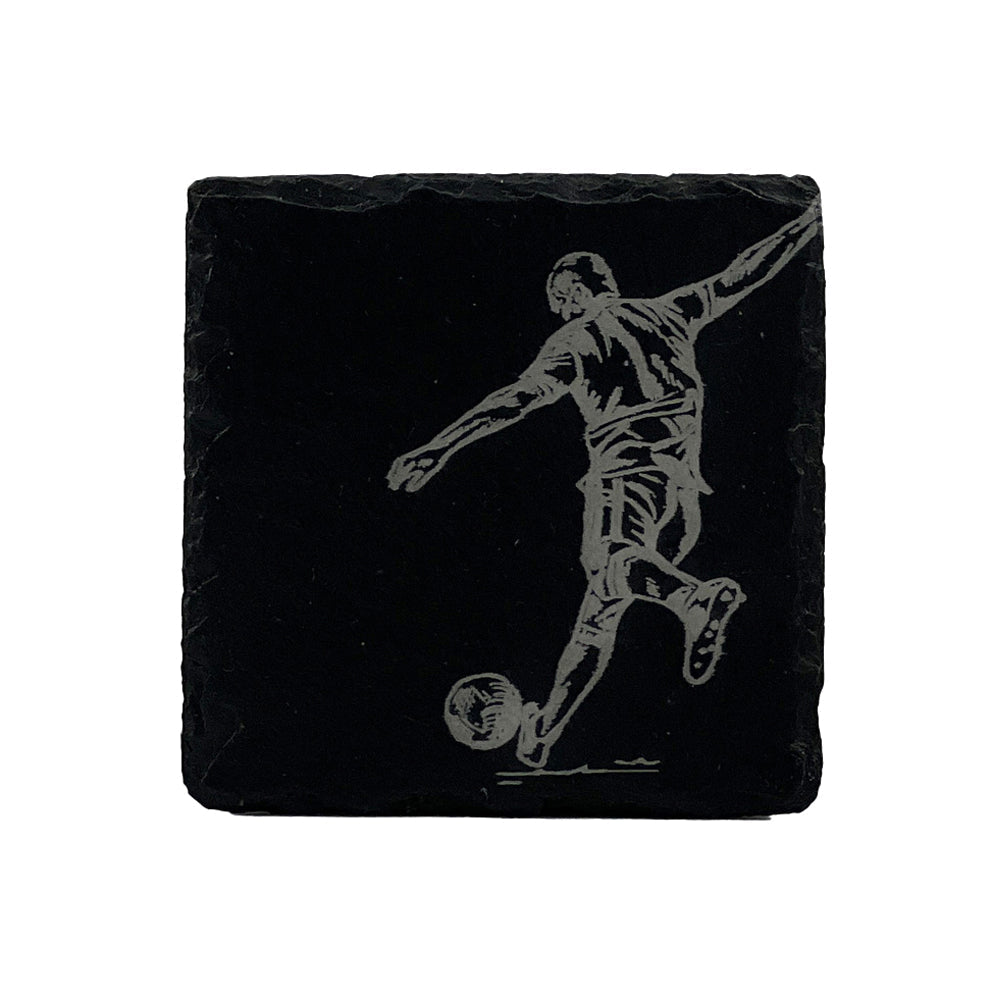 Black single slate coaster with light gray engraved soccer player silhouette perfect as a slate coaster