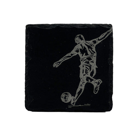 Black single slate coaster with light gray engraved soccer player silhouette perfect as a slate coaster
