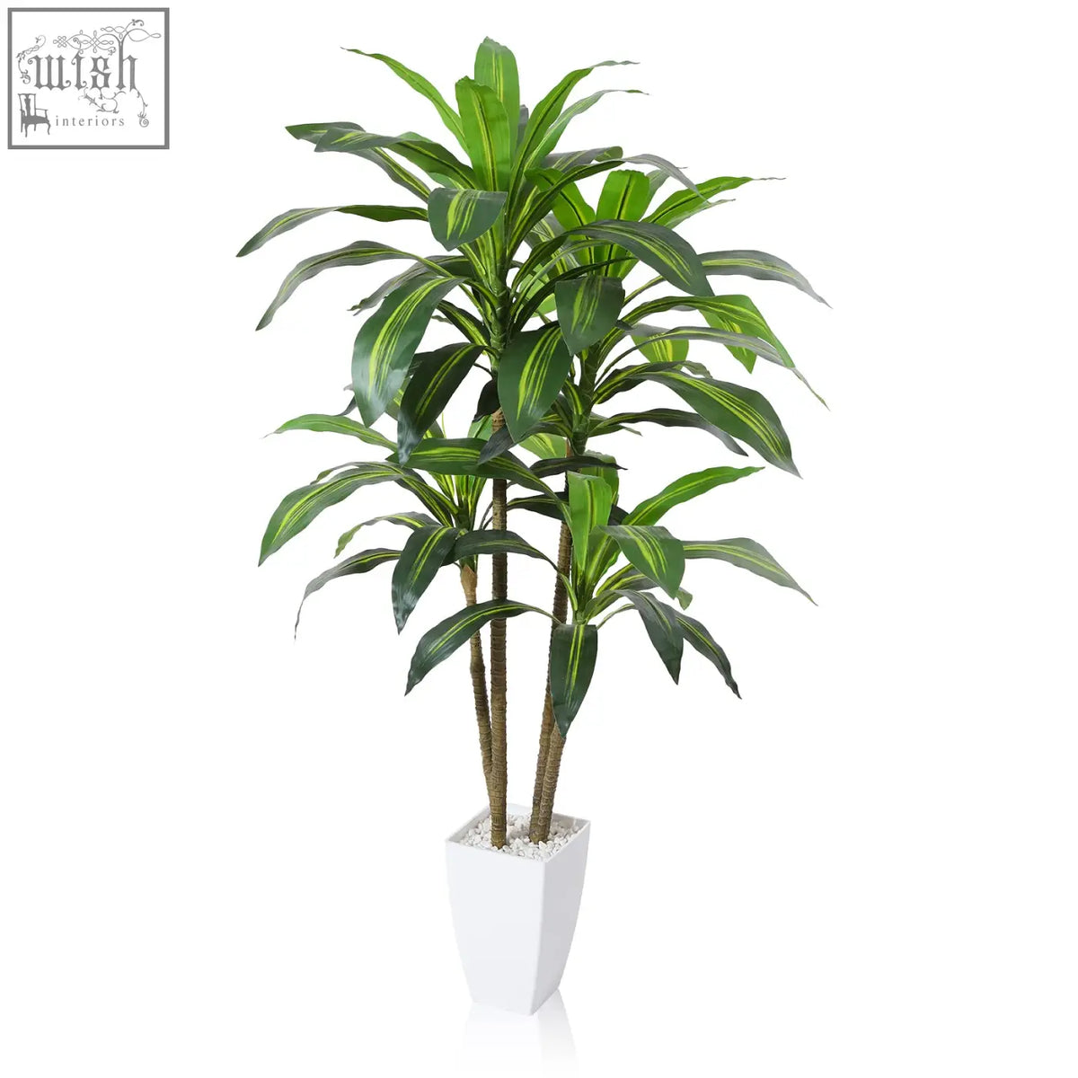 Tall artificial dracaena tree with glossy green leaves and yellow stripes in a sleek white rectangular pot for indoor decor