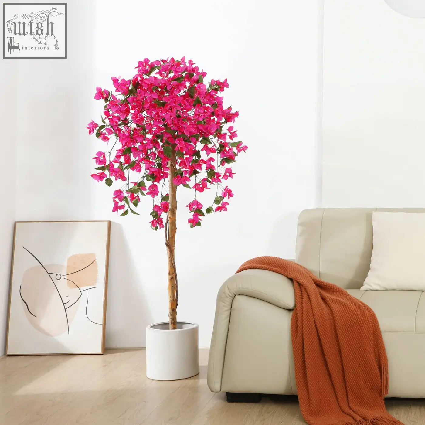 Fopamtri artificial blossom tree with vibrant pink flowers and lush green leaves in a white ceramic pot, 150 cm tall