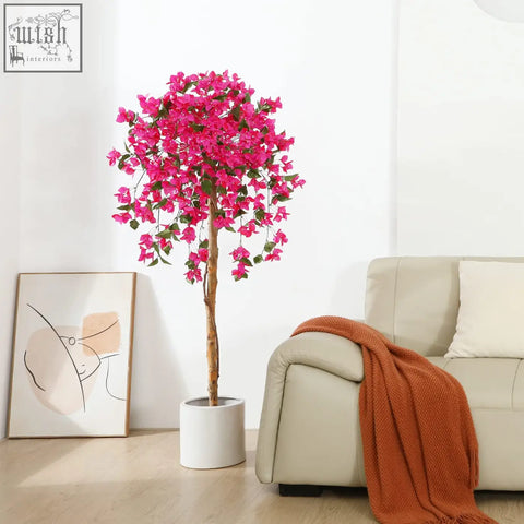Fopamtri artificial blossom tree with vibrant pink flowers and lush green leaves in a white ceramic pot, 150 cm tall