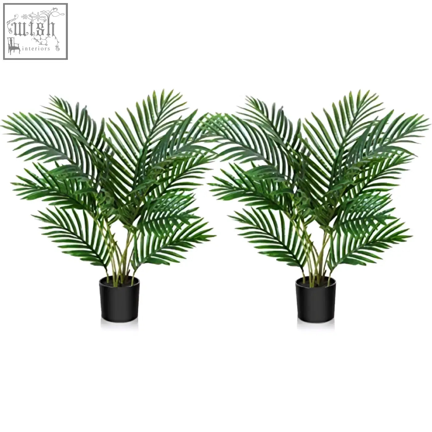 Two green areca artificial palm plants in black plastic pots by fopamtri perfect for indoor decor
