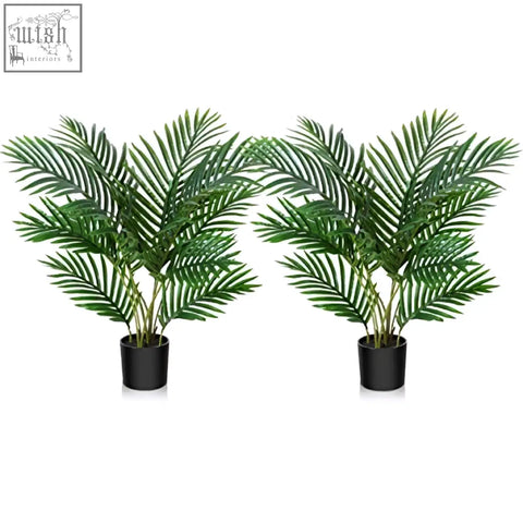 Two green areca artificial palm plants in black plastic pots by fopamtri perfect for indoor decor