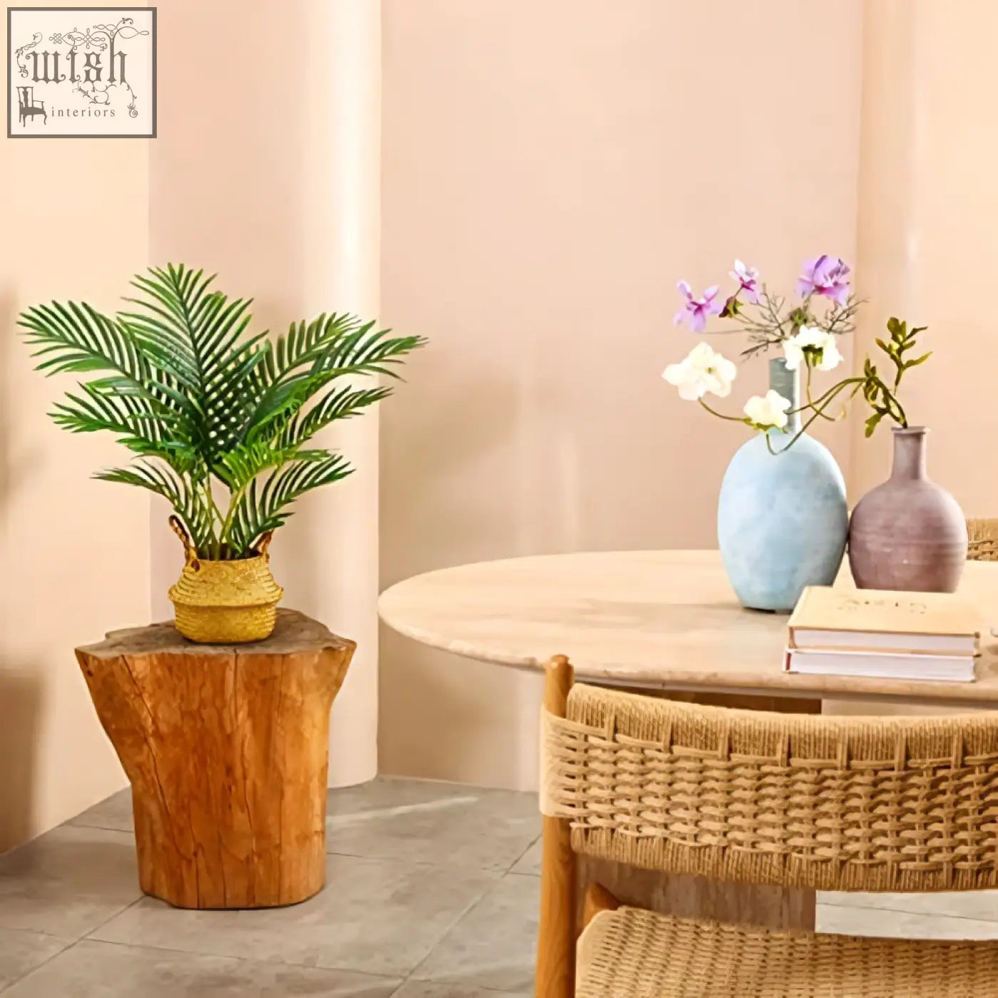 A lush green fopamtri areca artificial palm in a woven yellow basket perfect for indoor home or office decor