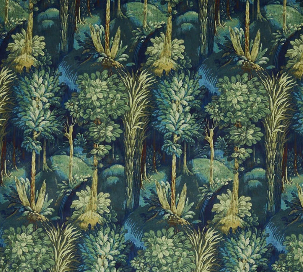 Deep teal and green forest velvet throw cushion with stylized trees and foliage pattern from forbidden forest velvet
