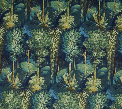 Deep teal and green forest velvet throw cushion with stylized trees and foliage pattern from forbidden forest velvet