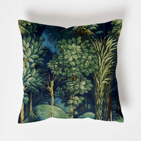 Square forbidden forest velvet throw cushion with lush green trees on deep navy blue background