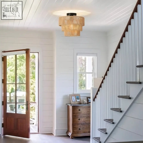 Forcoso rattan ceiling light with warm woven natural fiber shade and dark metal base boho lamp for living spaces