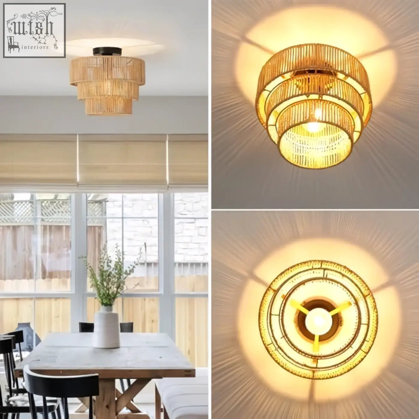 Forcoso boho lamp rattan ceiling light with 3-layer natural woven light shade glowing warm golden
