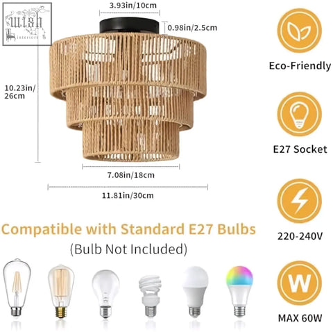 Forcoso natural-toned rattan ceiling light with 3-layer boho lamp light shade and black ceiling mount with e27 socket