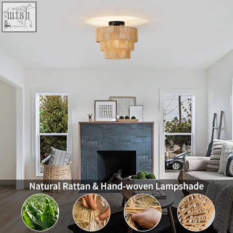 Forcoso boho lamp ceiling light with 3-layer natural rattan handwoven light shade in warm golden brown