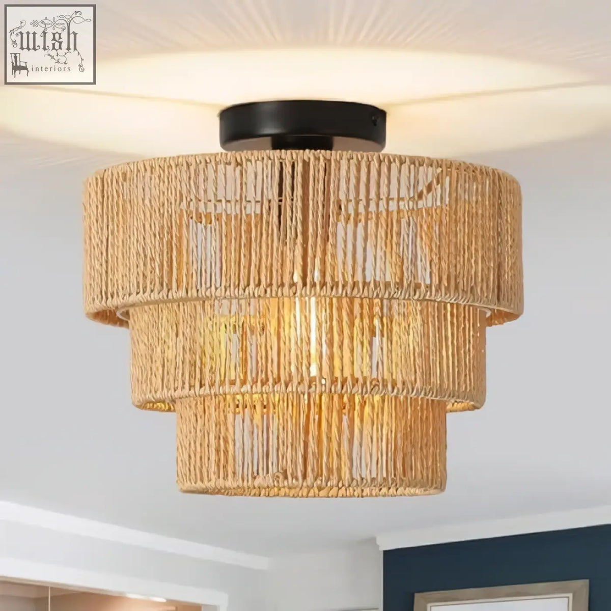Forcoso natural woven rope ceiling light with tiered rattan light shade boho lamp and black mounting base