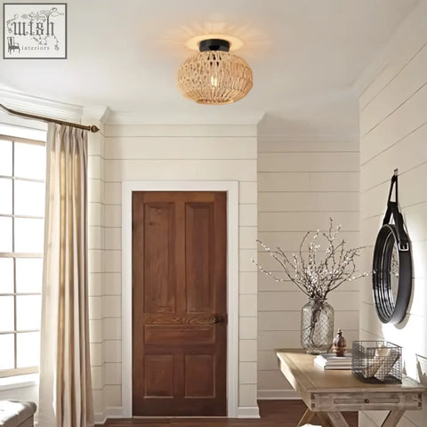Forcoso rattan ceiling light with natural woven rattan lampshade and black metal base for e27 bulbs in boho style