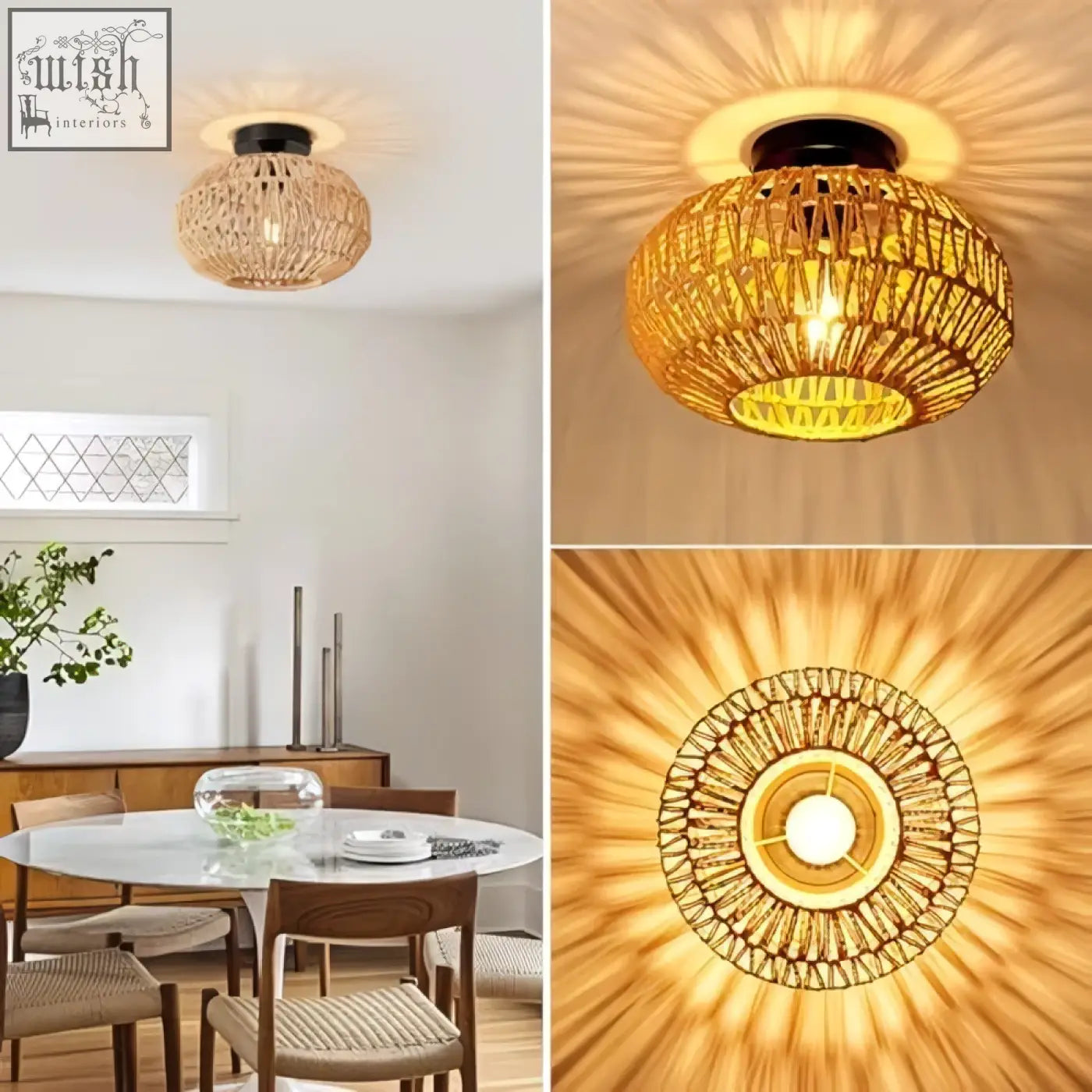 Forcoso rattan lampshade ceiling light with warm golden glow and intricate circular design for cozy living spaces