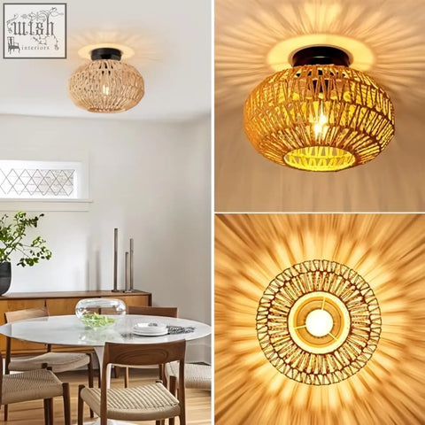 Forcoso rattan lampshade ceiling light with warm golden glow and intricate circular design for cozy living spaces