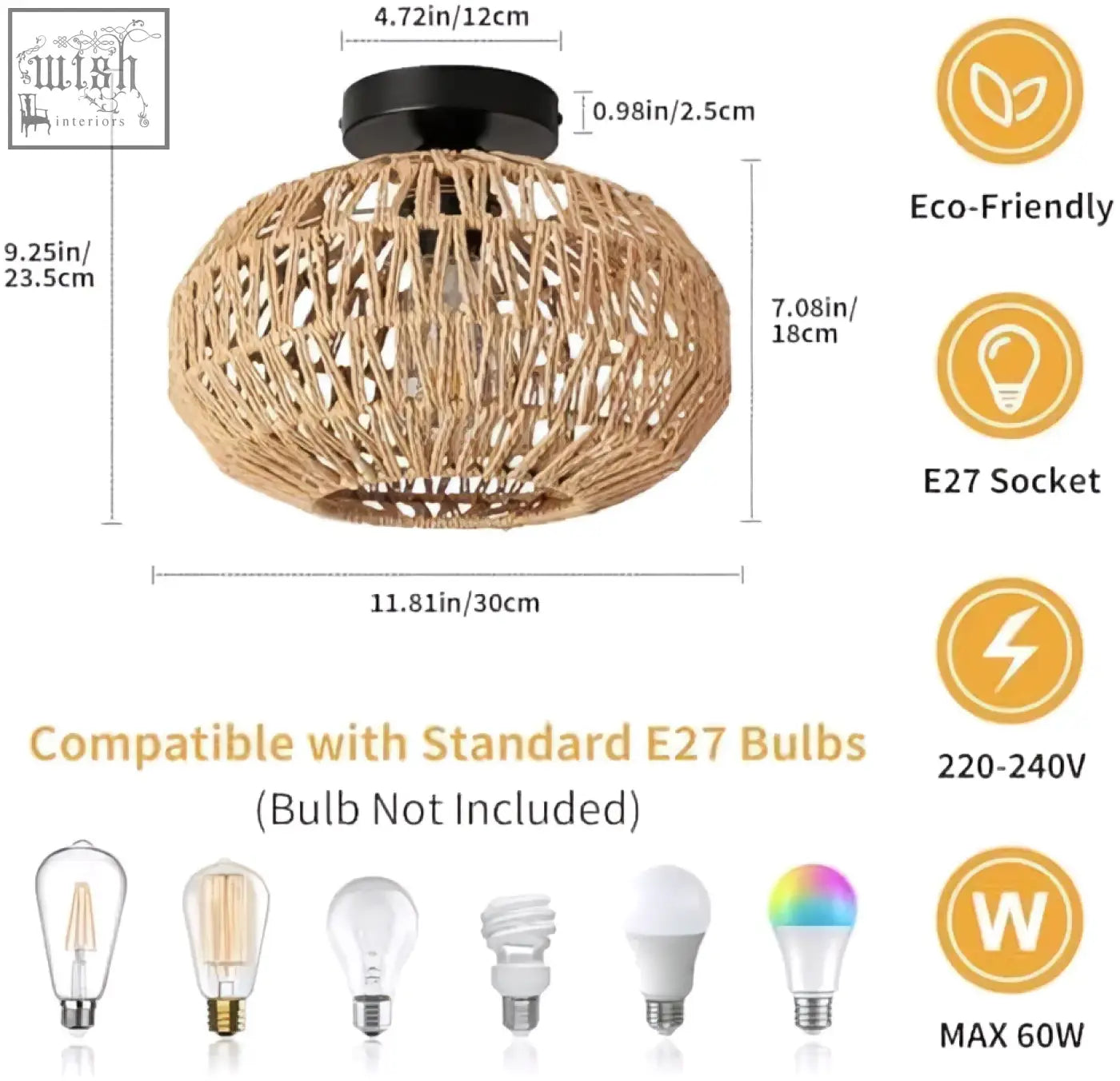 Forcoso rattan ceiling light with natural woven rattan lampshade black metal fixture and e27 bulbs socket