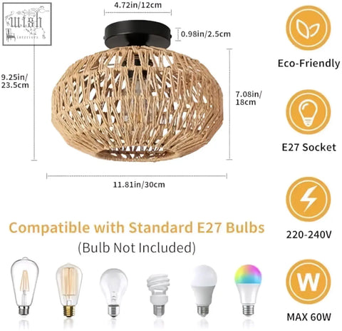 Forcoso rattan ceiling light with natural woven rattan lampshade black metal fixture and e27 bulbs socket