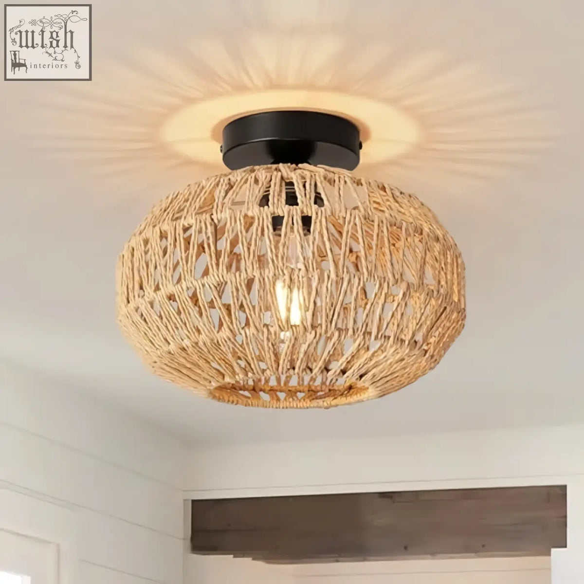 Forcoso rattan lampshade ceiling light with black metal base compatible with e27 bulbs for various rooms
