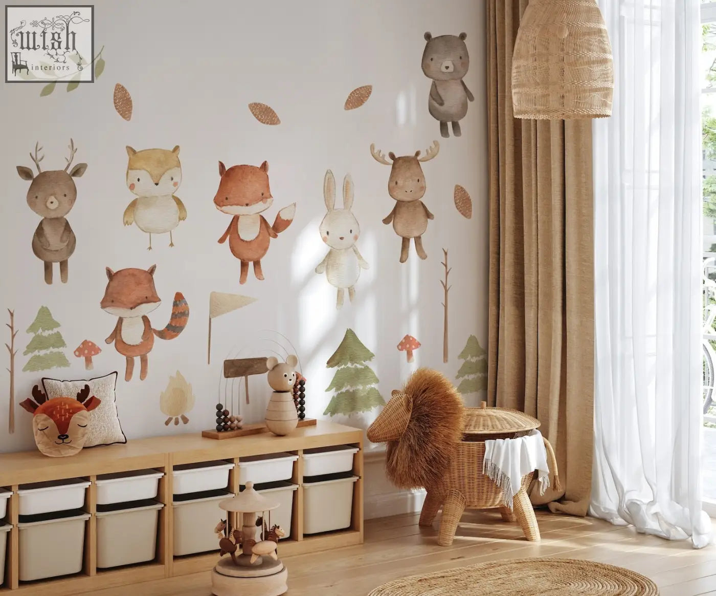 Woven wicker lion-shaped stool with matching lid and white cloth in a forest animals nursery wall decal setting