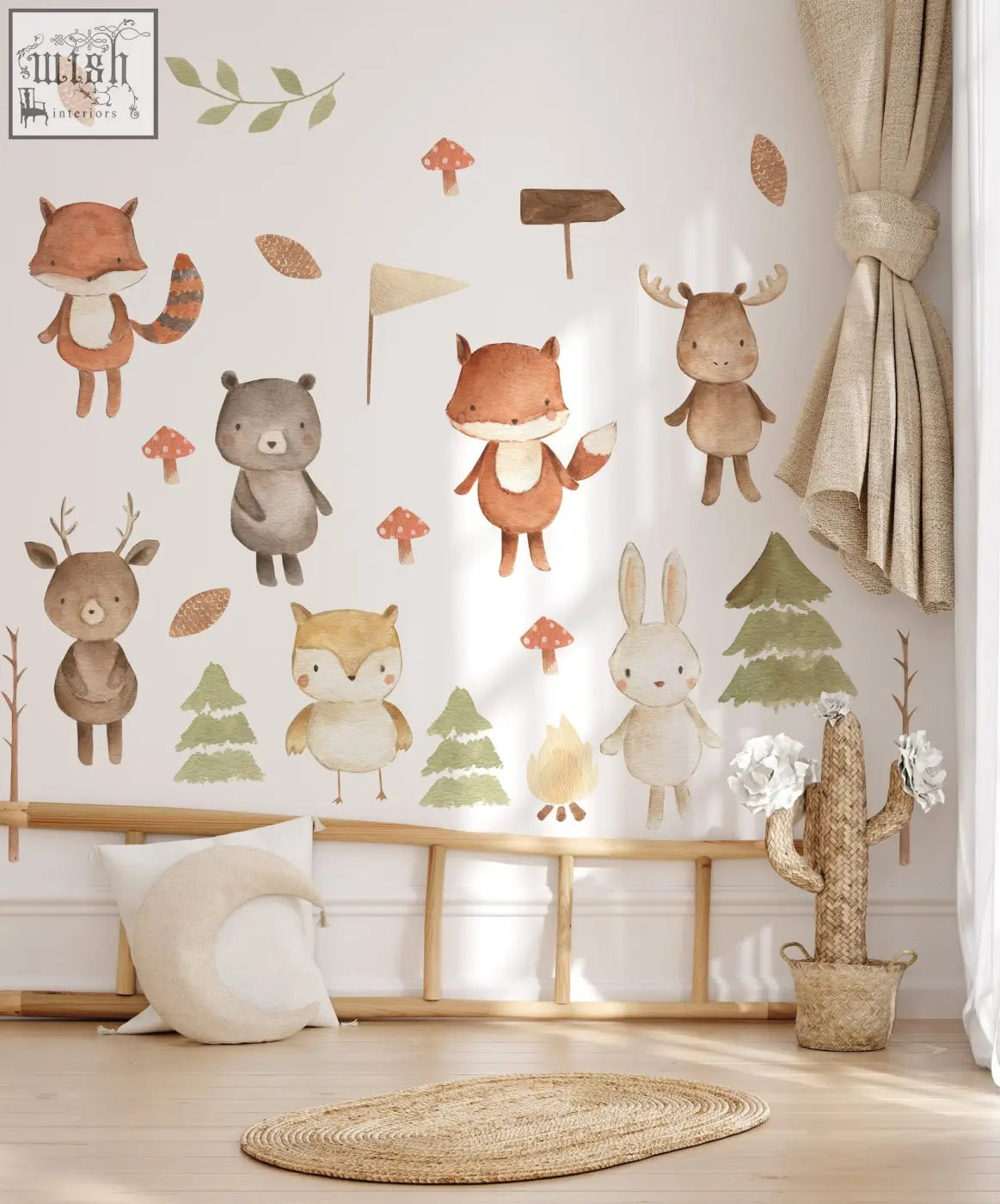 Watercolor forest animals nursery wall decal set with fox, deer, moose, and rabbits in earthy brown and green tones