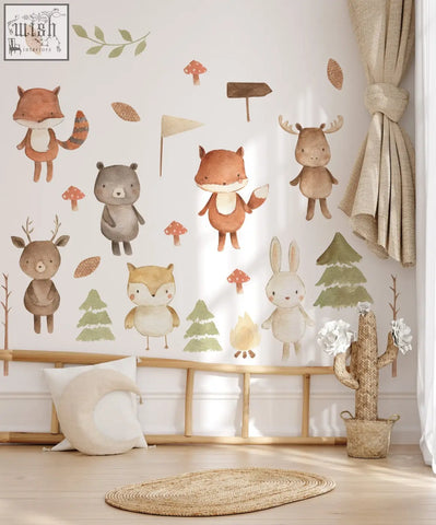 Watercolor forest animals nursery wall decal set with fox, deer, moose, and rabbits in earthy brown and green tones