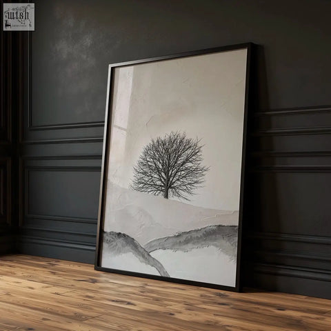 Black-framed forest art wall art prints featuring minimalist solitary tree on beige and gray abstract landscape