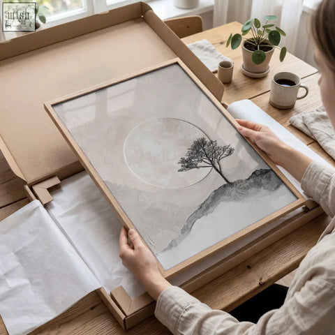 Minimalist black and white forest art prints featuring a solitary tree and moon landscape wall art set of 3