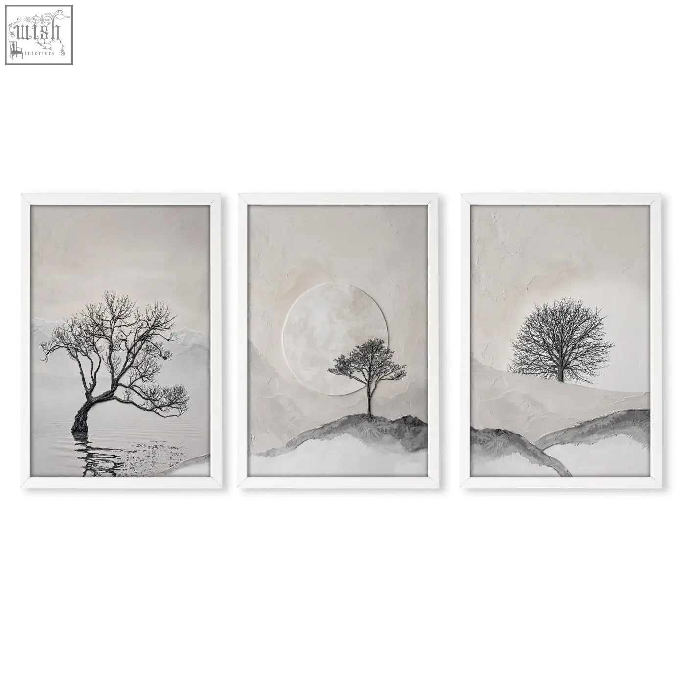 Set of three minimalist black and white forest art prints featuring solitary trees for wall art decor
