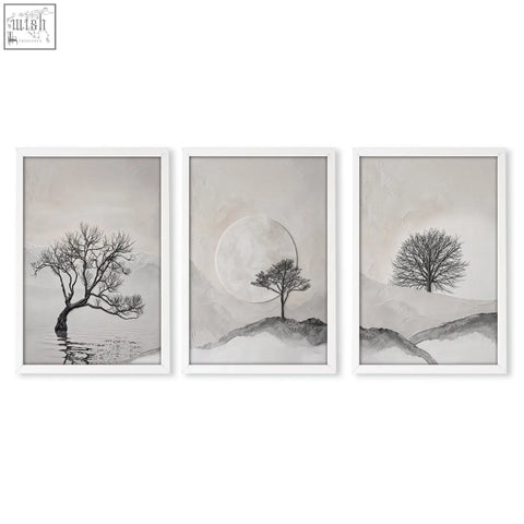 Set of three minimalist black and white forest art prints featuring solitary trees for wall art decor