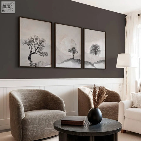 Black spherical vase holding dried pampas grass paired with forest art Scandinavian wall art prints set of 3