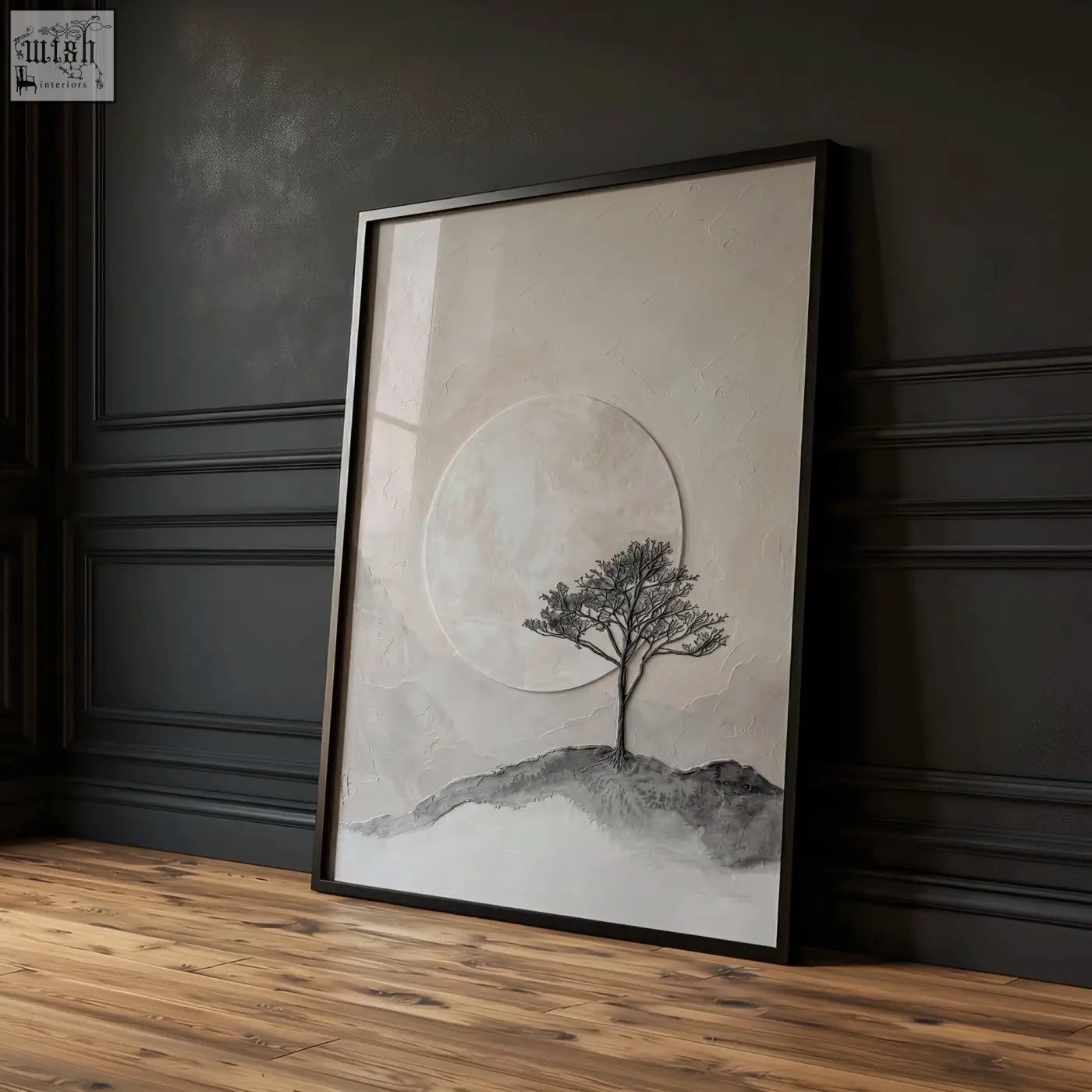 Black-framed minimalist forest art print featuring a solitary tree and moon backdrop in monochrome tones wall art set of 3