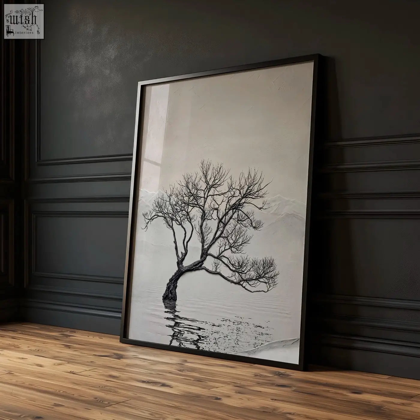 Black-framed minimalist forest art wall art print featuring a leafless tree with intricate branches and soft gradient background
