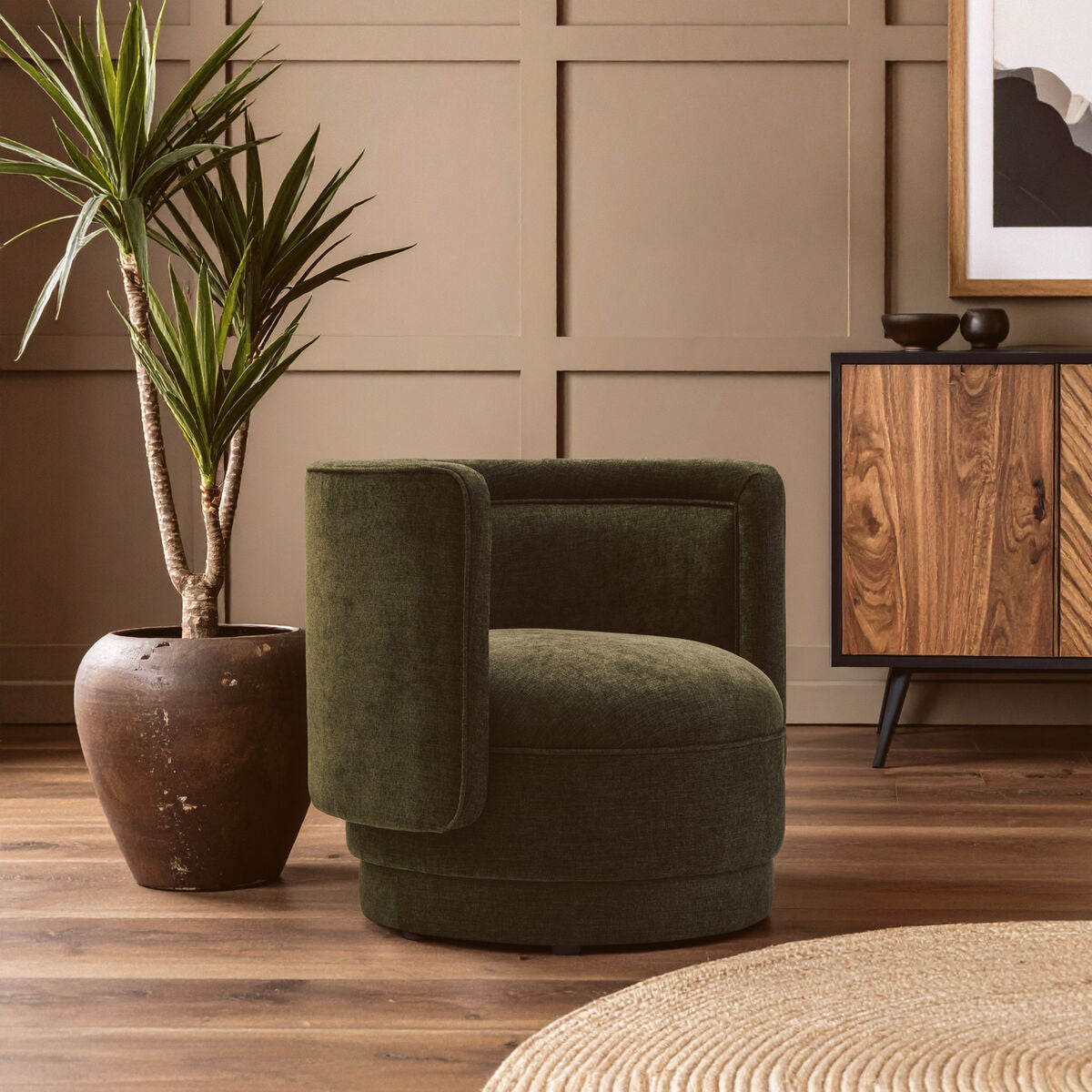 Forest green chenille effect accent chair with olive velvet rounded cushioned form and sleek modern design drake model