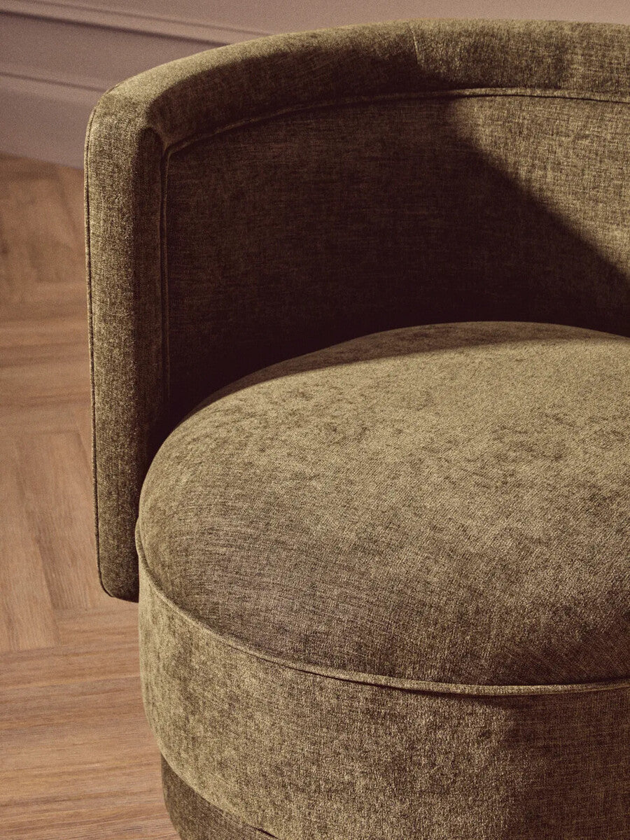 Forest green chenille effect accent chair with olive-green velvet rounded cushioned seat and backrest drake model
