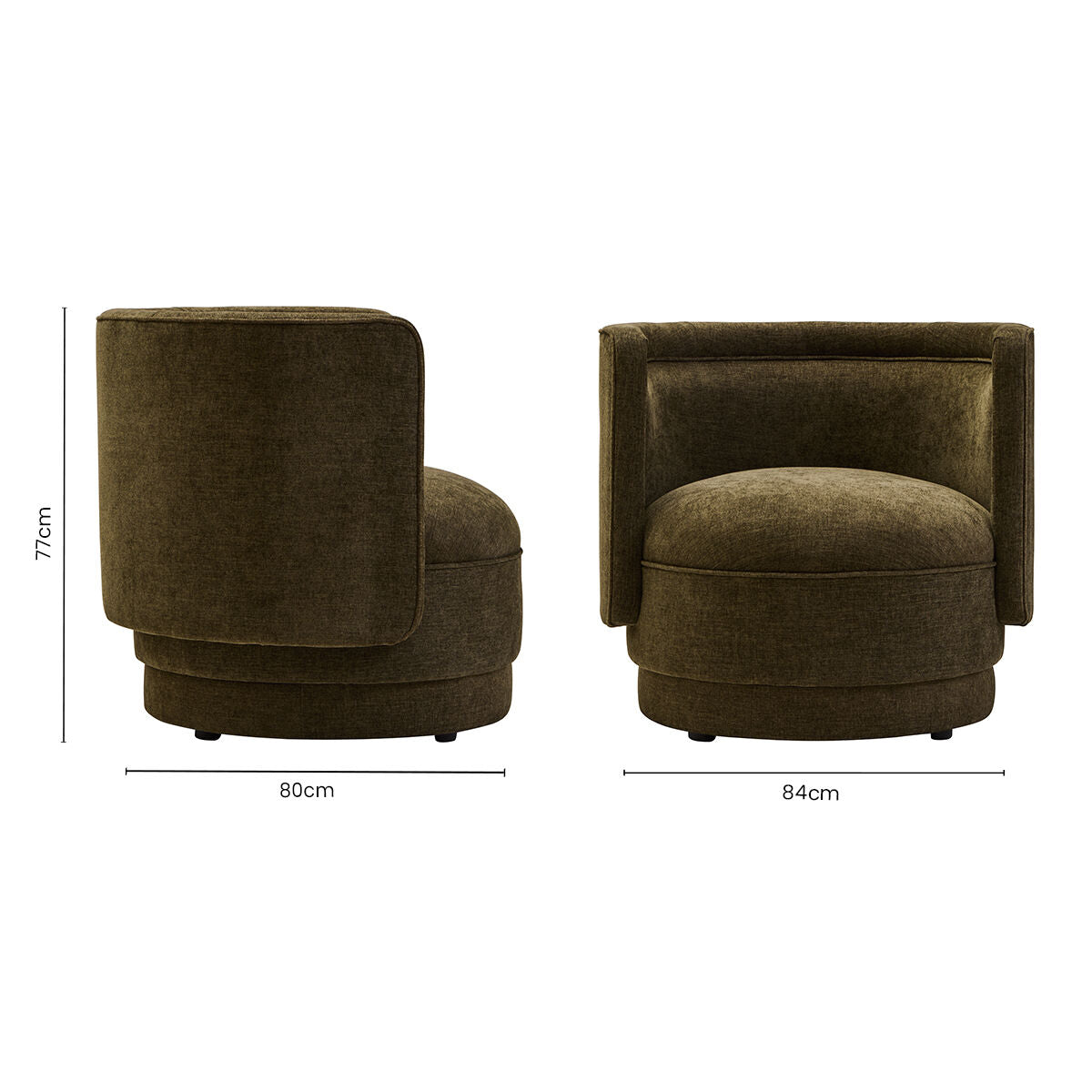 Forest green chenille effect accent chair with olive green velvet bucket design rounded arms and circular base