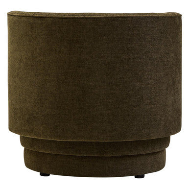 Forest green chenille effect curved accent chair with olive green velvet cylindrical seat and black caster wheels