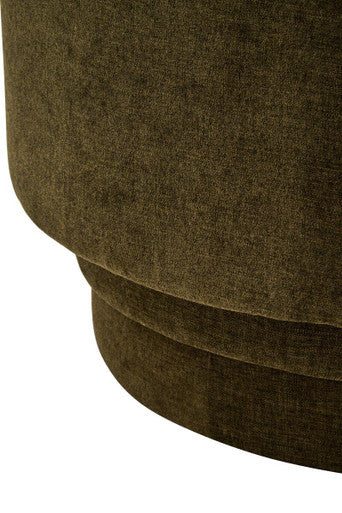 Forest green chenille effect accent chair with olive green velvet cylindrical ottoman and soft textured surface