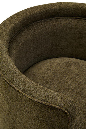 Forest green chenille effect accent chair with curved cushioned design in olive green textured fabric