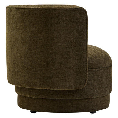Forest green chenille effect curved accent chair with olive green velvet and low-profile base for modern decor
