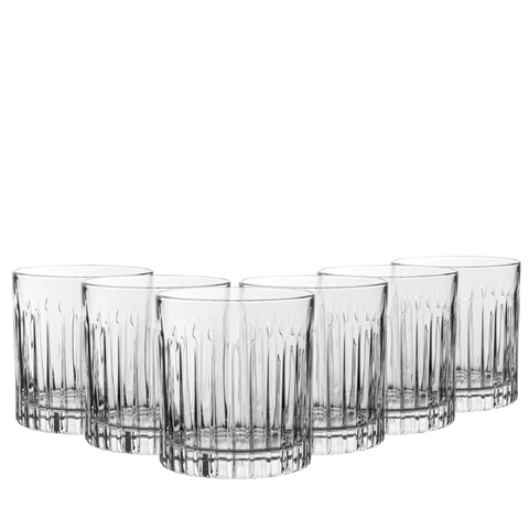 Set of 6 forever dof crystal clear glass tumblers with vertical ribbed texture and faceted base 360ml