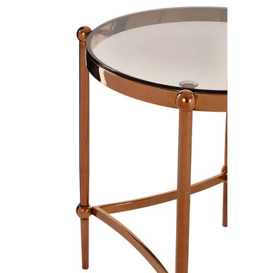 Forli rose gold side table with copper finish round frame glass top and decorative ball joints