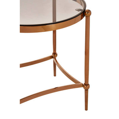 Glossy rose gold metal Forli side table with round glass top and elegant curved legs for stylish living spaces