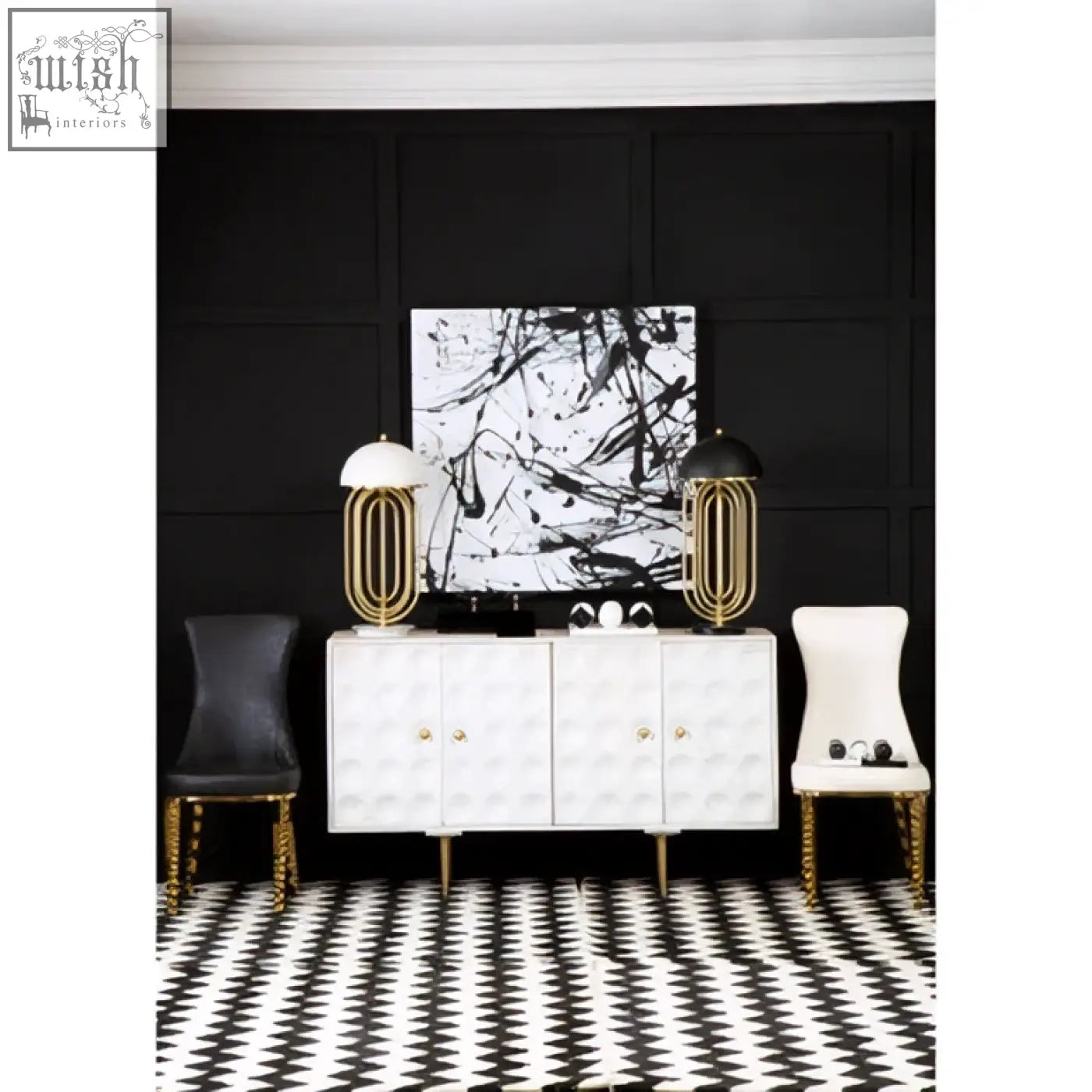White cabinet with gold finish stainless hardware and textured panels perfect for stylish storage solutions