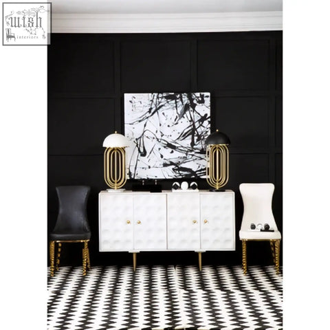 White cabinet with gold finish stainless hardware and textured panels perfect for stylish storage solutions